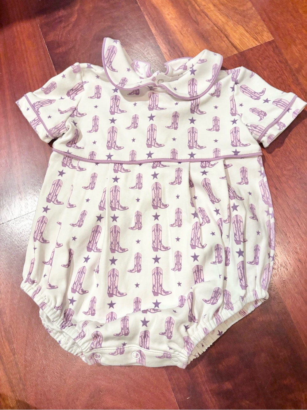 Ruth & Ralph Baby Romper with Lavender Cowboy Boot Print